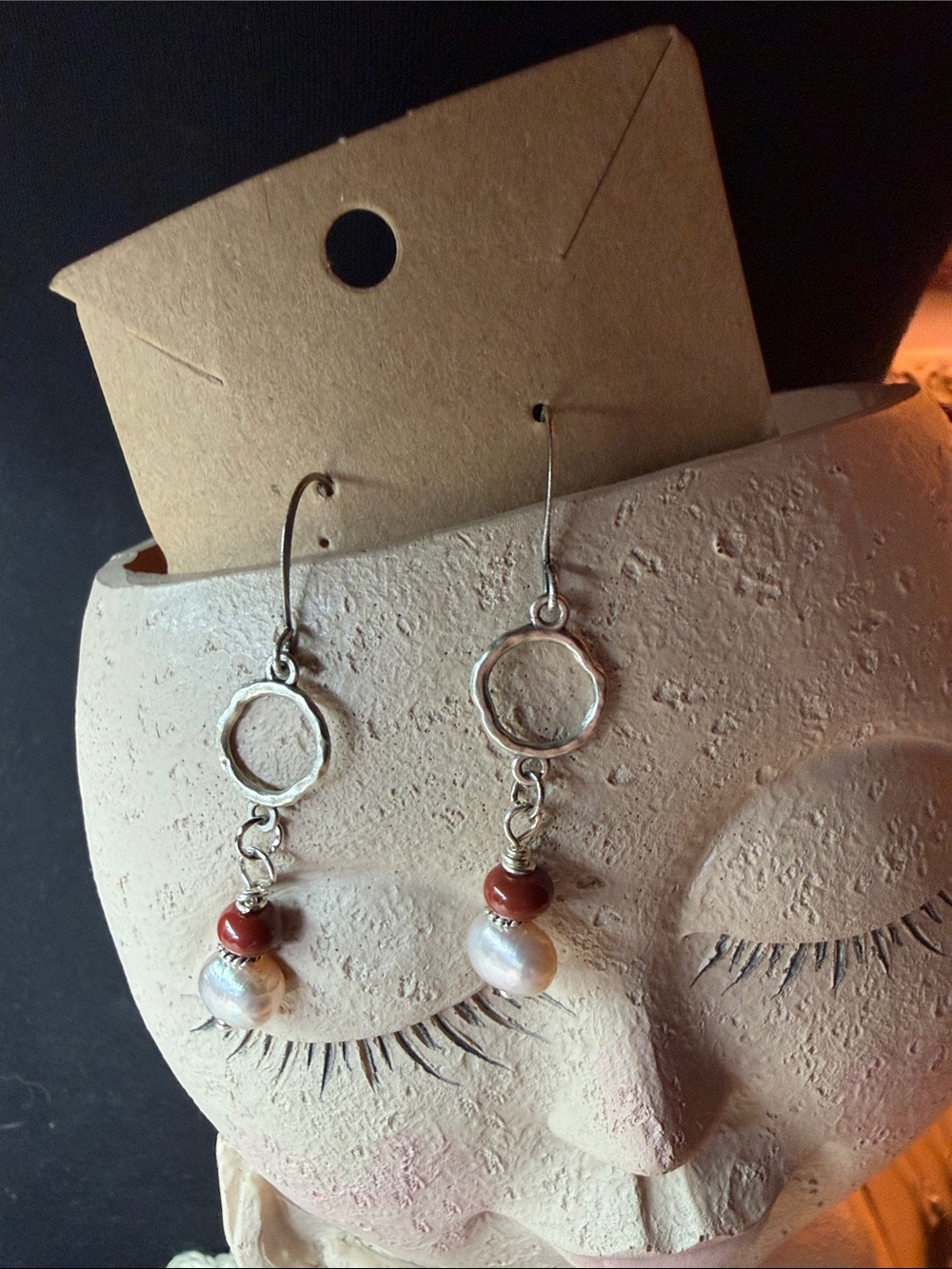 Silver Pearl & Red Bead Drop Earrings